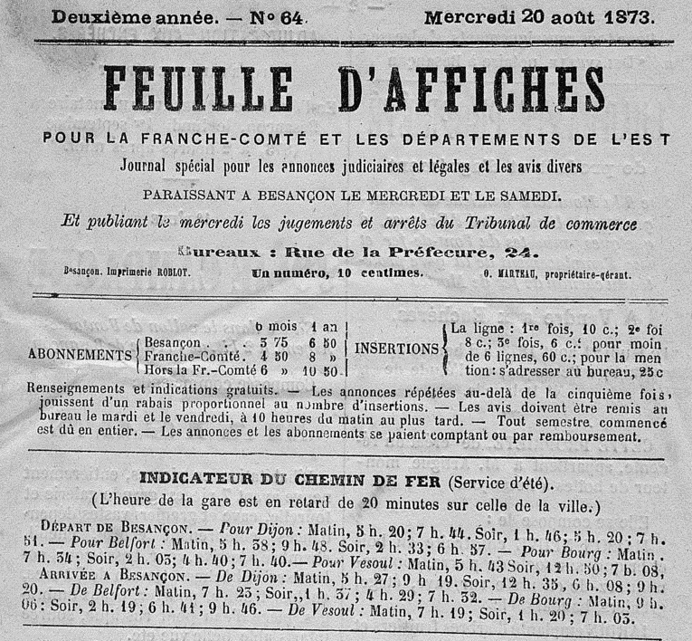 Photo (BnF / Gallica) de : Feuille d'affiches pour la Franche-Comté et les départements de l'Est. Besançon : Impr. Roblot, 1872-1878. ISSN 2017-0661.