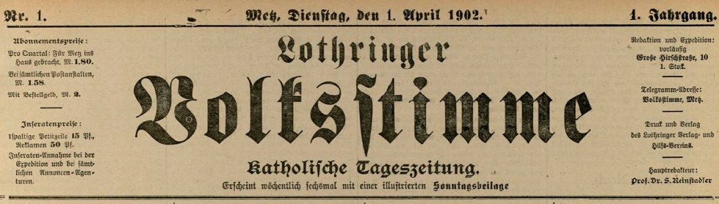 Photo (BnF / Gallica) de : Lothringer Volksstimme. Metz, 1902-1918. ISSN 2015-4453.