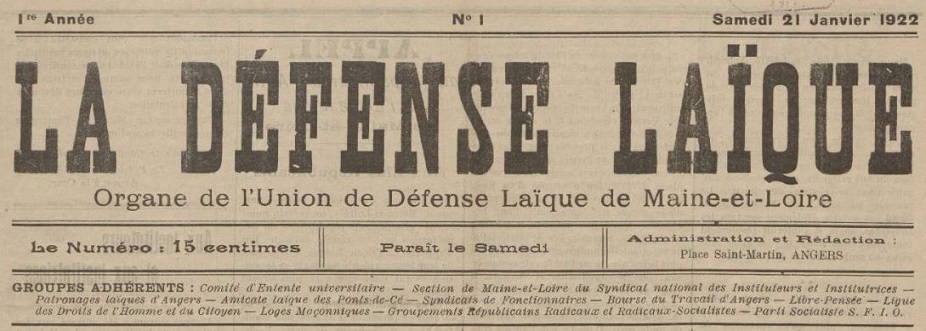 Photo (Maine-et-Loire. Archives départementales) de : La Défense laïque. Angers, 1922-[192.]. ISSN 1964-3578.