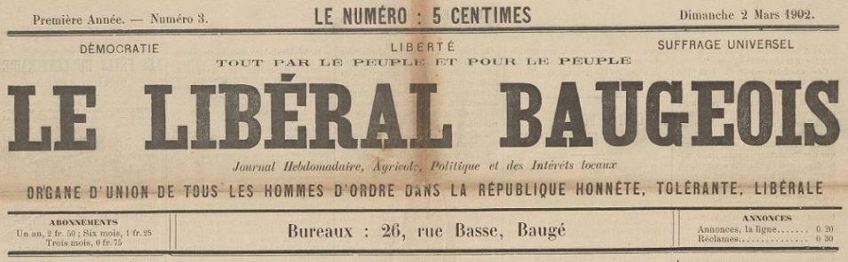 Photo (Maine-et-Loire. Archives départementales) de : Le Libéral baugeois. Baugé, 1902-[1914 ?]. ISSN 1964-3586.