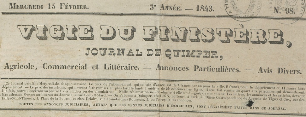 Photo (Finistère. Archives départementales) de : Vigie du Finistère. Quimper, 1841-1846. ISSN 1967-8363.