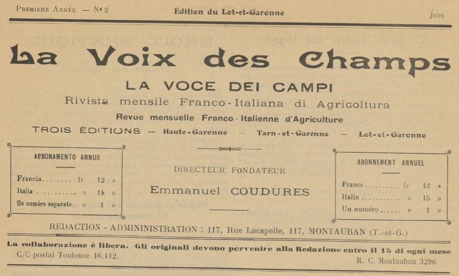 Photo (BnF / Gallica) de : La Voix des champs. Éd. Lot-et-Garonne. Montauban, 1926-1927. ISSN 2266-8438.