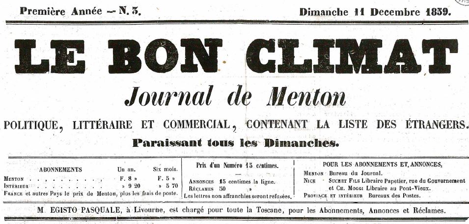 Photo (Bibliothèque municipale à vocation régionale (Nice)) de : Le Bon climat. [Menton], 1859-[1860 ?]. ISSN 2555-3836.