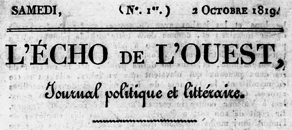 Photo (Bibliothèque de Rennes métropole, Les Tablettes rennaises) de : L'Écho de l'Ouest. Rennes, 1819-1822. ISSN 2969-0382.