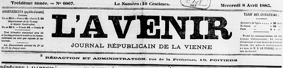 Photo (Vienne (Département). Archives départementales) de : L'Avenir. Poitiers, 1885-1890. ISSN 2121-3062.