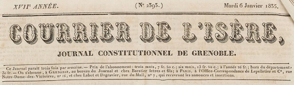 Photo (BnF / Gallica) de : Courrier de l'Isère. Grenoble, 1832-1876. ISSN 2257-2244.