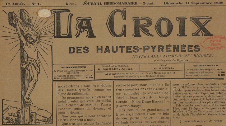 Photo (BnF / Gallica) de : La Croix des Hautes-Pyrénées. Tarbes, 1892-1944. ISSN 2271-9113.
