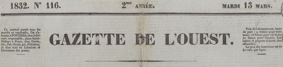 Photo (Vendée. Archives départementales) de : Gazette de l'Ouest. Poitiers, 1831-[1835 ?]. ISSN 2128-6132.