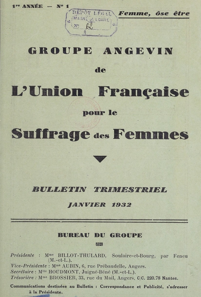 Photo (BnF / Gallica) de : Bulletin trimestriel. Groupe angevin de l'Union française pour le suffrage des femmes. Angers, 1932-1933. ISSN 2558-2011.