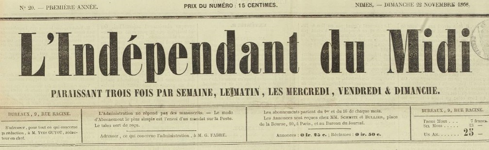 Photo (BnF / Gallica) de : L'Indépendant du Midi. Nîmes, 1868-1869. ISSN 2129-6219.