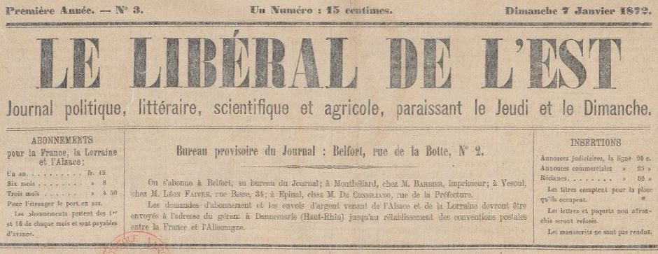 Photo (BnF / Gallica) de : Le Libéral de l'Est. Belfort, [1872 ?]-1887. ISSN 2131-2664.