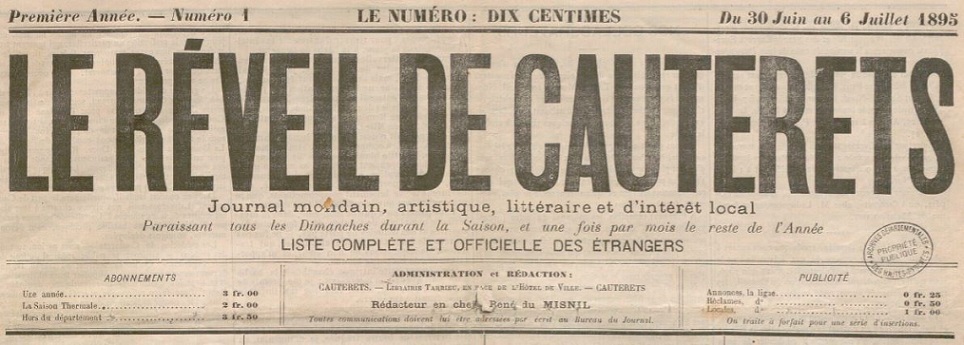 Photo (BnF / Gallica) de : Le Réveil de Cauterets. Cauterets, 1865-[1896?]. ISSN 2111-2835.