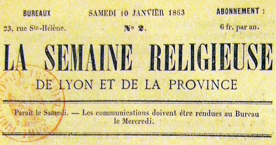 Photo (BnF / Gallica) de : La Semaine religieuse de Lyon et de la province. Lyon, 1862-[1870 ?]. ISSN 1250-1085.
