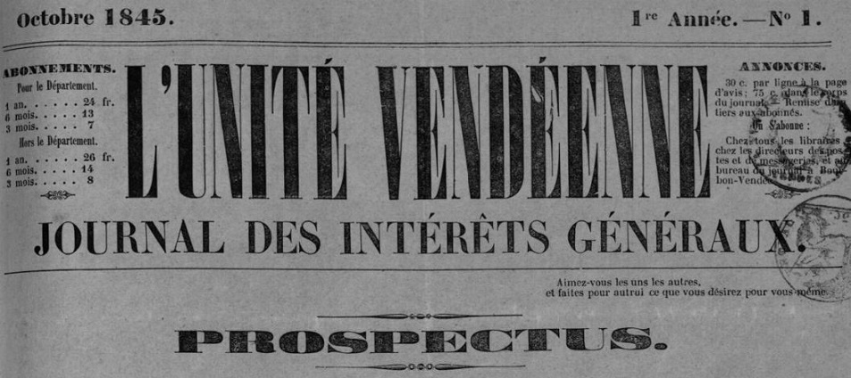 Photo (Vendée. Archives départementales) de : L'Unité vendéenne. Bourbon-Vendée, 1845. ISSN 2139-6345.
