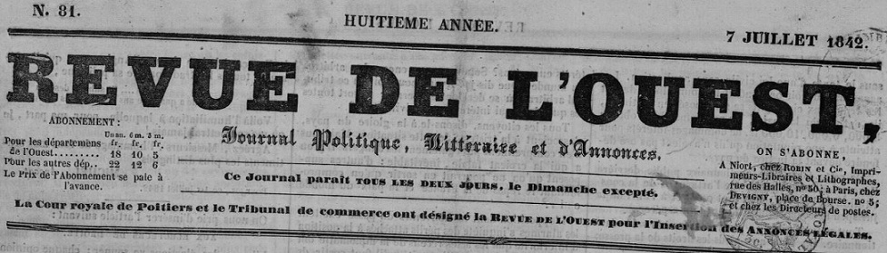 Photo (Vendée. Archives départementales) de : Revue de l'Ouest. Niort, 1835-1913. ISSN 2137-3132.