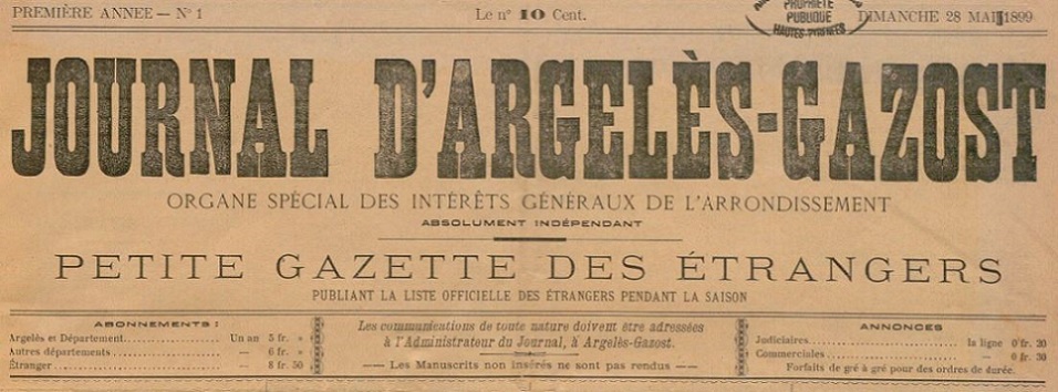 Photo (BnF / Gallica) de : Journal d'Argelès-Gazost. Argelès-Gazost, 1899-[1900?]. ISSN 2427-1667.