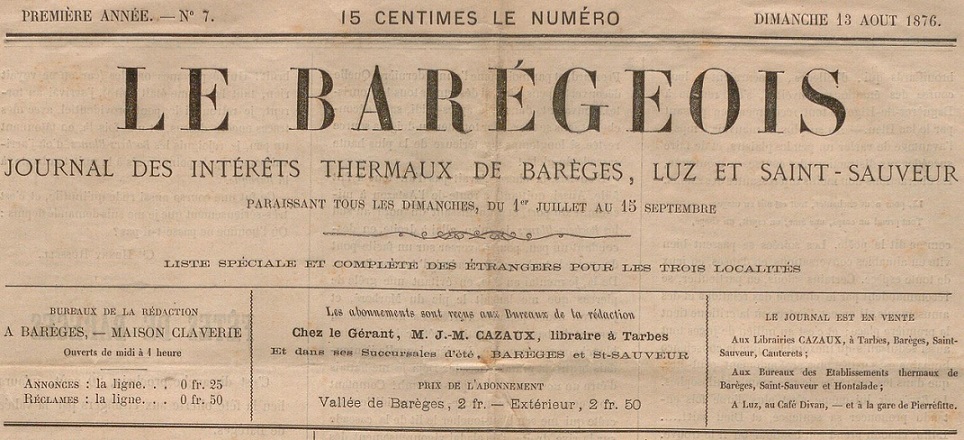 Photo (BnF / Gallica) de : Le Barégeois. Tarbes : Jean-Pierre Larrieu, 1876-1878. ISSN 2727-5086.