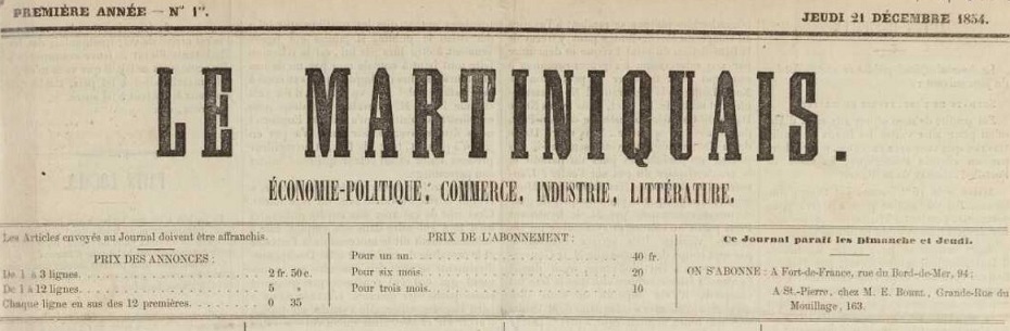 Photo (Martinique. Archives départementales) de : Le Martiniquais. Fort-de-France, 1854-[1855 ?]. ISSN 2740-2258.