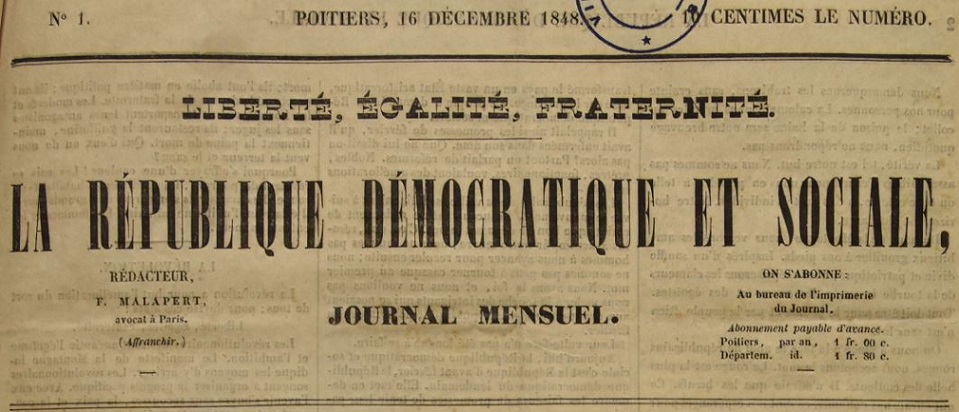 Photo (Médiathèque François-Mitterrand (Poitiers)) de : La République démocratique et sociale. Poitiers, 1848. ISSN 2804-7028.