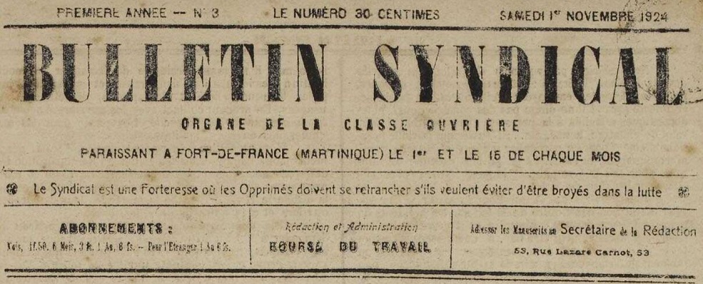 Photo (Martinique. Archives départementales) de : Bulletin syndical. Fort-de-France, 1924-[1929 ?]. ISSN 2969-2504.