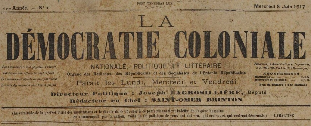 Photo (Martinique. Archives départementales) de : La Démocratie coloniale. Fort-de-France, 1917-[1918 ?]. ISSN 2969-261X.