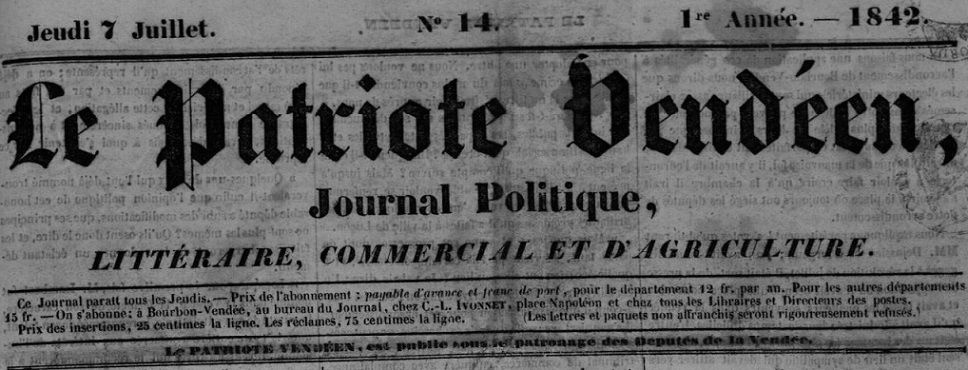 Photo (Vendée. Archives départementales) de : Le Patriote vendéen. Bourbon-Vendée, 1842-1845. ISSN 2969-9517.