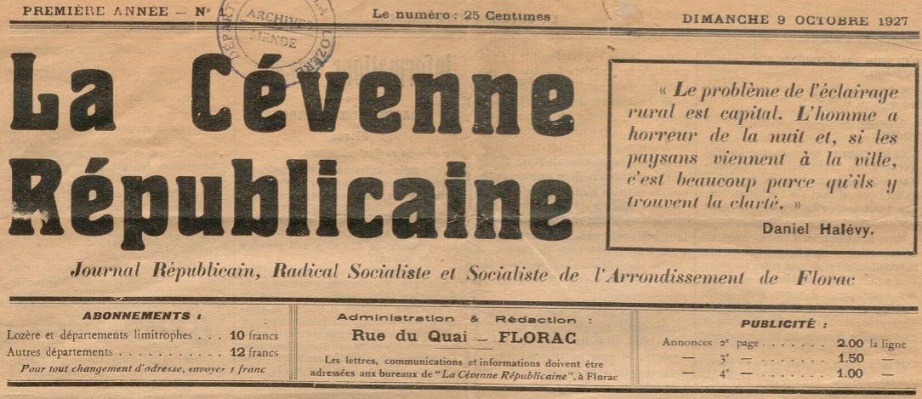 Photo (BnF / Gallica) de : La Cévenne républicaine. Florac, 1927-1944. ISSN 2123-5953.