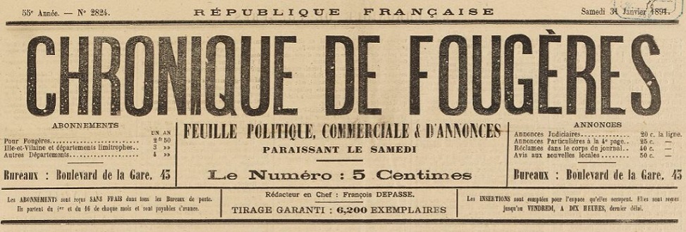 Photo (BnF / Gallica) de : Chronique de Fougères. Fougères, 1837-1944. ISSN 1766-8166.