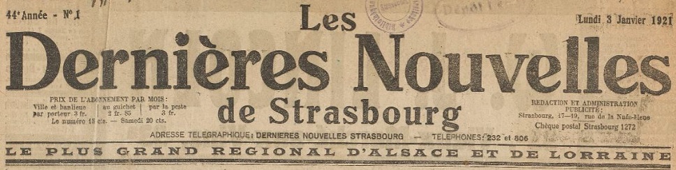 Photo (BnF / Gallica) de : Les Dernières nouvelles de Strasbourg. Strasbourg, 1921-1940. ISSN 0992-910X.