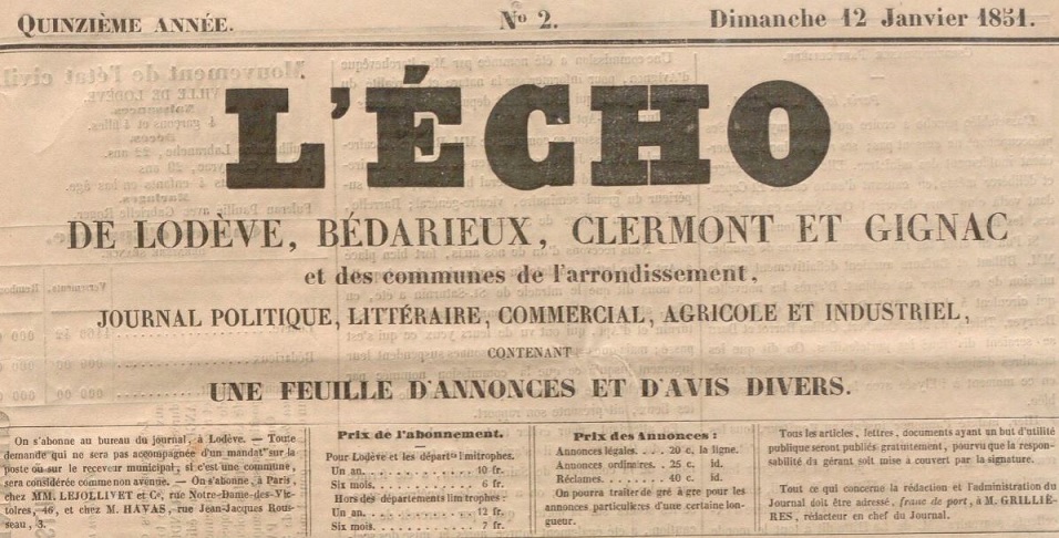 Photo (BnF / Gallica) de : L'Écho de Lodève, Bédarieux, Clermont et Gignac et des communes de l'arrondissement. Lodève : Grillières, 1851-1916. ISSN 2126-354X.