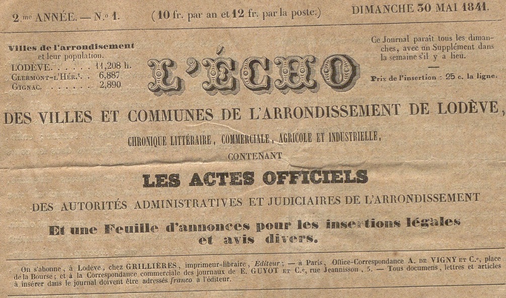 Photo (BnF / Gallica) de : L'Écho des villes et communes de l'arrondissement de Lodève. Lodève : Grillières, 1841-1850. ISSN 2126-5518.