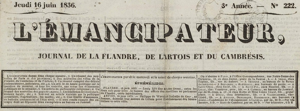 Photo (BnF / Gallica) de : L'Émancipateur. Lille, Cambrai, 1834-1914. ISSN 2127-2115.