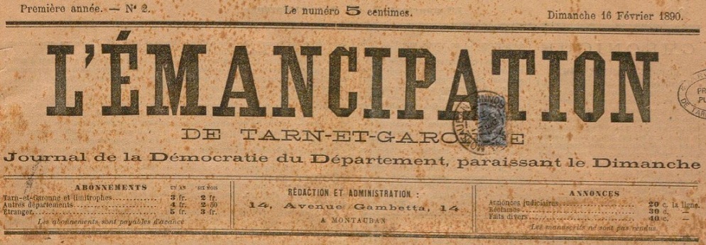 Photo (BnF / Gallica) de : L'Émancipation de Tarn-et-Garonne. Montauban, 1890-1891. ISSN 2024-388X.