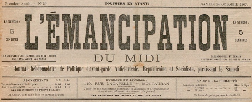 Photo (BnF / Gallica) de : L'Émancipation du Midi. Montauban, 1903-1904. ISSN 2127-2379.