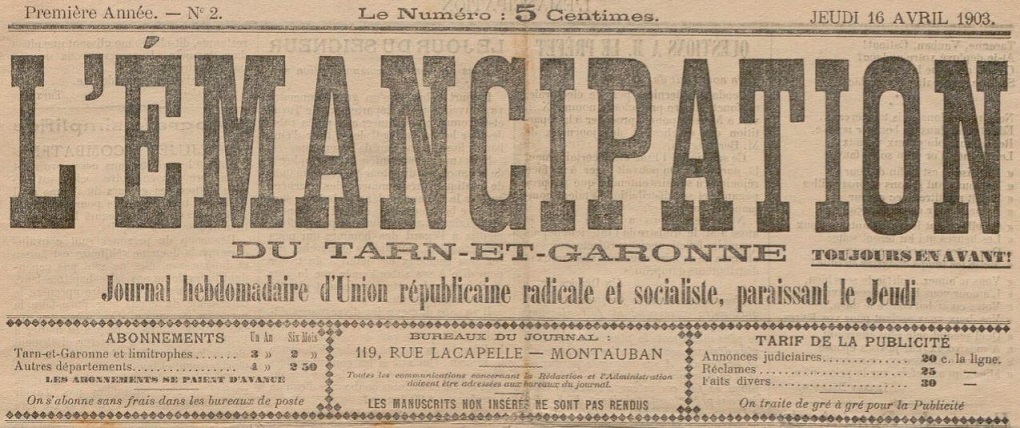 Photo (BnF / Gallica) de : L'Émancipation du Tarn-et-Garonne. Montauban, 1903. ISSN 2127-2417.