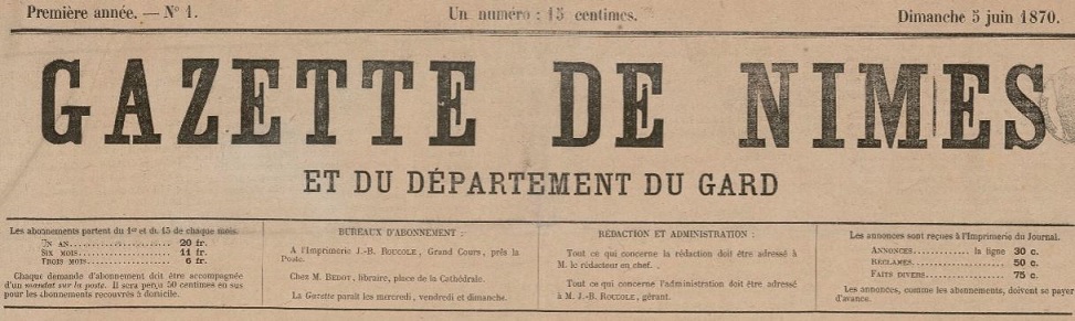 Photo (BnF / Gallica) de : Gazette de Nîmes et du département du Gard. Nîmes, 1870-1883. ISSN 2128-6604.