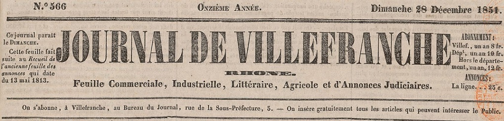 Photo (BnF / Gallica) de : Journal de Villefranche. Villefranche-sur-Saône, 1841-1939. ISSN 2130-6818.