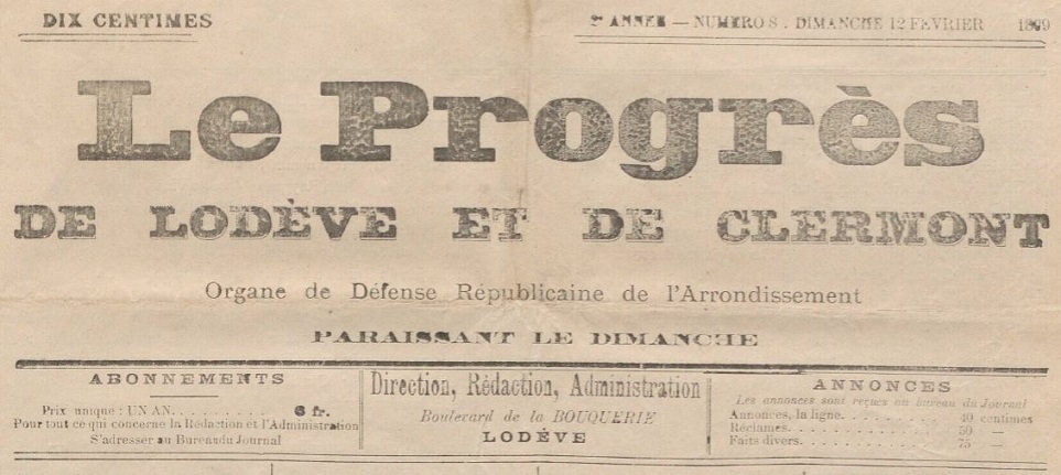 Photo (BnF / Gallica) de : Le Progrès de Lodève et de Clermont. Lodève, 1898-1899. ISSN 2135-4081.