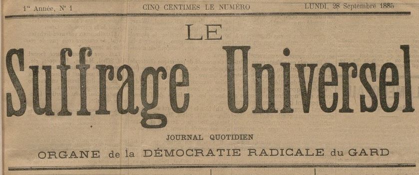 Photo (BnF / Gallica) de : Le Suffrage universel. Tarascon, 1885. ISSN 2138-3898.