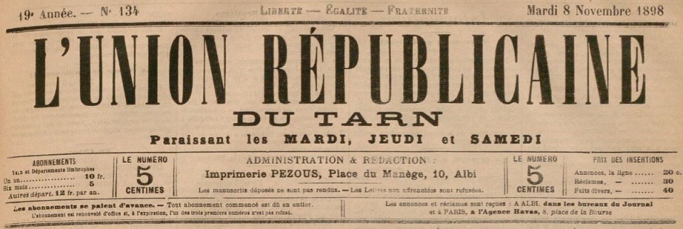 Photo (BnF / Gallica) de : L'Union républicaine du Tarn. Albi, 1880-1905. ISSN 2139-5810.