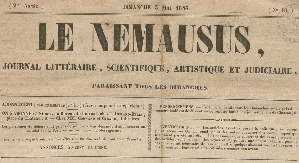 Photo (BnF / Gallica) de : Le Nemausus. Nîmes, 1846-[1847 ?]. ISSN 1964-1648.