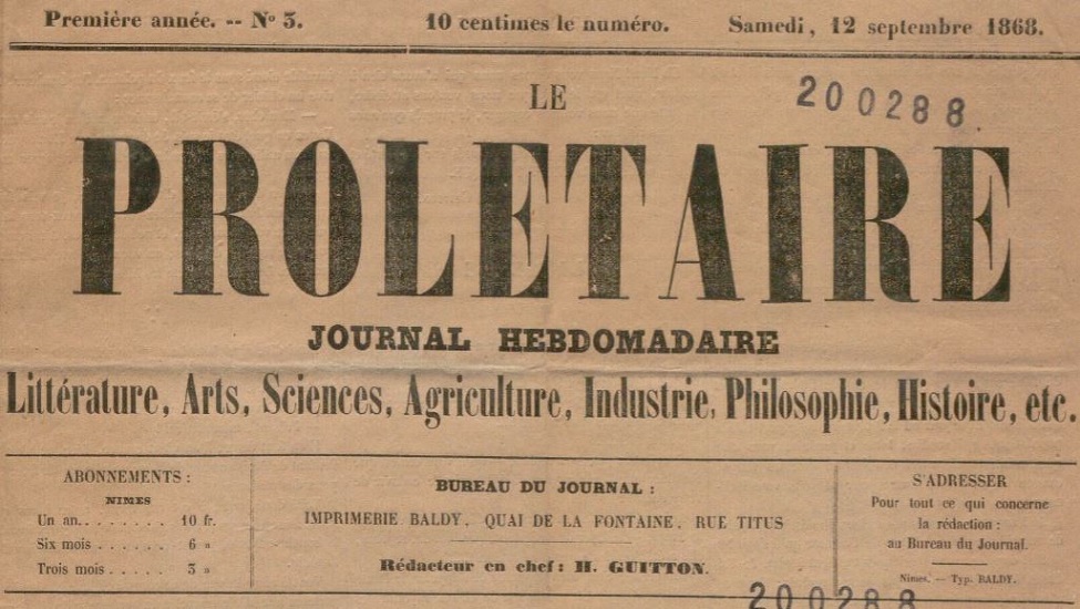 Photo (BnF / Gallica) de : Le Prolétaire. Nîmes, 1868. ISSN 1964-1745.