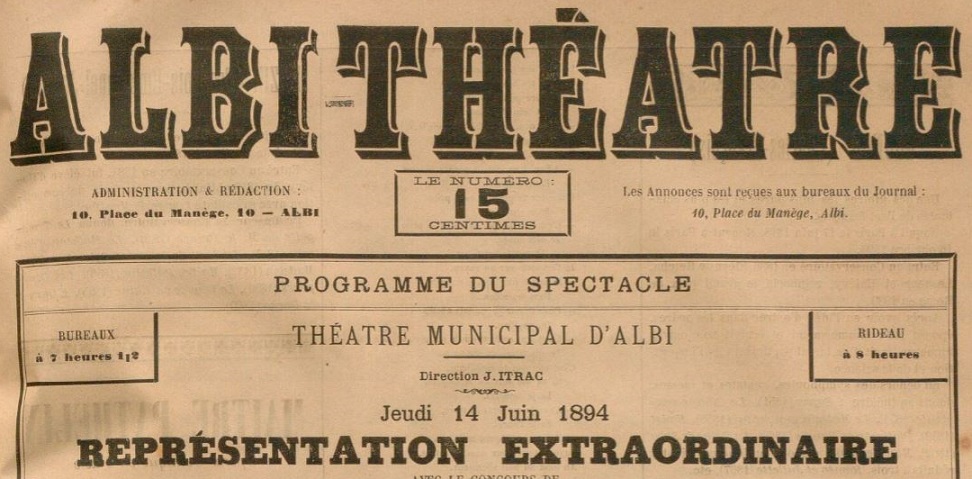 Photo (BnF / Gallica) de : Albi-théâtre. Albi, [1894 ?]. ISSN 1965-7277.
