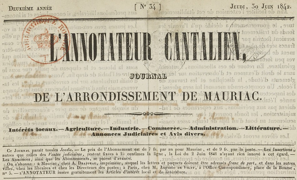 Photo (BnF / Gallica) de : L'Annotateur cantalien. Mauriac : A. Drappeau, [1841 ?]-1858. ISSN 2120-8700.