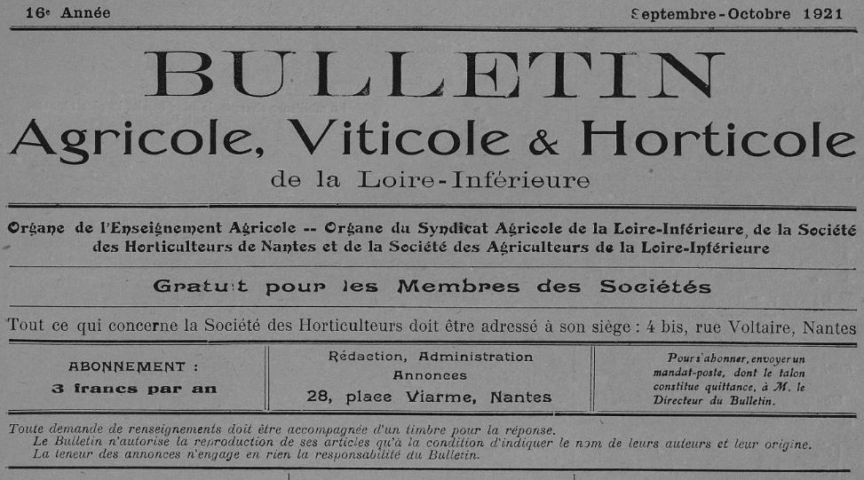 Photo (Loire-Atlantique. Archives départementales) de : Bulletin agricole, viticole et horticole de la Loire-Inférieure. Nantes, 1906-[1931 ?]. ISSN 2122-3750.