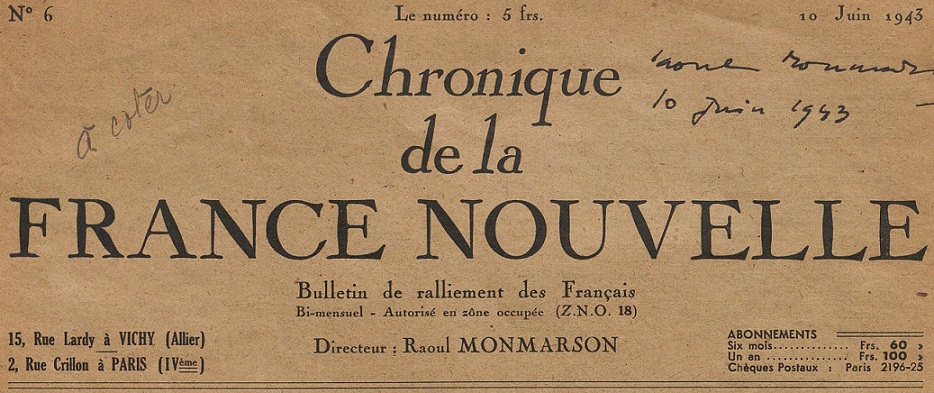 Photo (BnF / Gallica) de : Chronique de la France nouvelle. Vichy, Paris, 1943. ISSN 2123-7646.