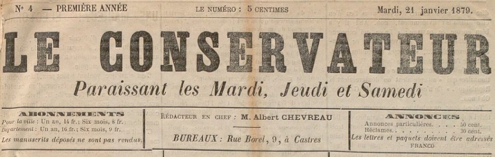 Photo (BnF / Gallica) de : Le Conservateur. Castres, 1879-1880. ISSN 2124-3549.