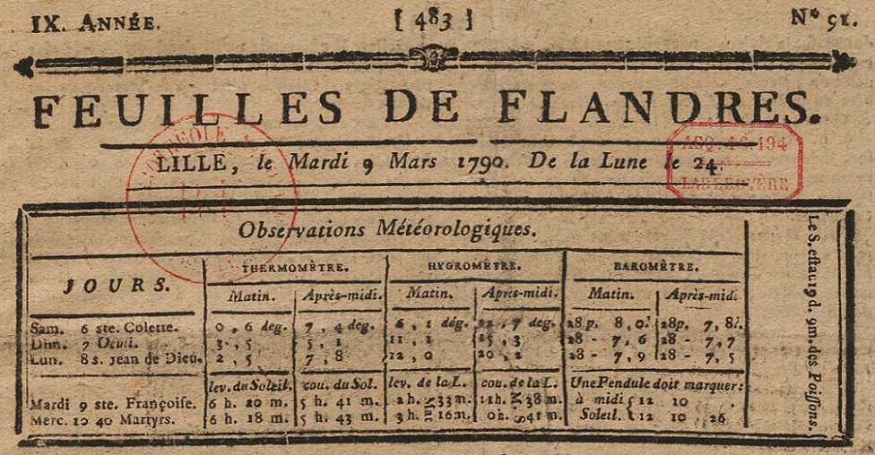 Photo (BnF / Gallica) de : Feuilles de Flandres. Lille : Bureau de la petite poste et des Feuilles de Flandres, 1783-1790. ISSN 2017-1560.