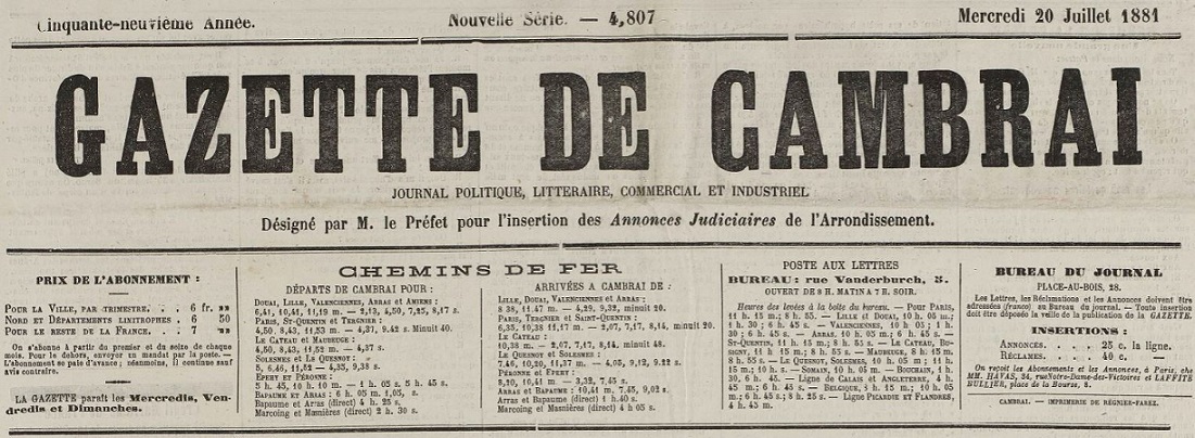 Photo (BnF / Gallica) de : Gazette de Cambrai. Cambrai, 1828-1939. ISSN 2128-5853.