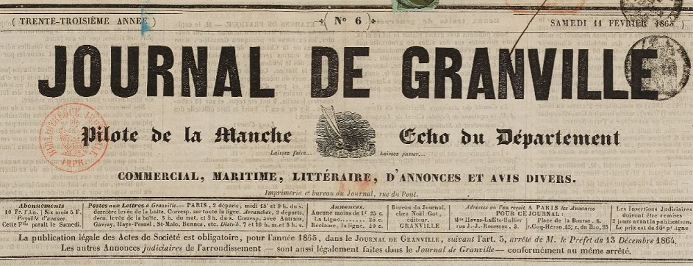 Photo (BnF / Gallica) de : Journal de Granville. Granville, 1833-1903. ISSN 2130-3703.
